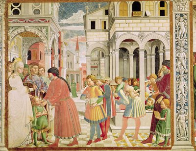 Der heilige Augustinus wird von seinen Eltern zur Schule von Tagaste geführt, aus dem Leben des heiligen Augustinus von Benozzo di Lese di Sandro Gozzoli